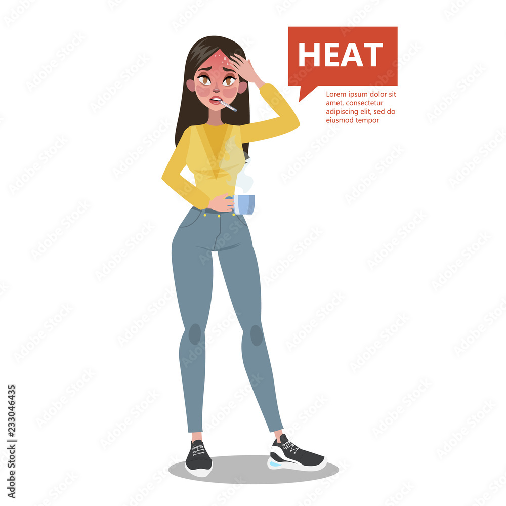 Woman with a high temperature as a symptom of flu Woman with a high temperature as a symptom of flu