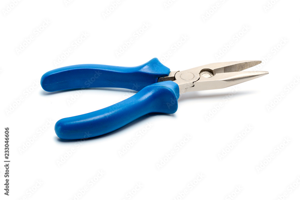 Long nose pliers with blue isolated handles on white background. Tool isolated on white, side view. Long nose pliers with blue isolated handles on white background. Tool isolated on white, side view.