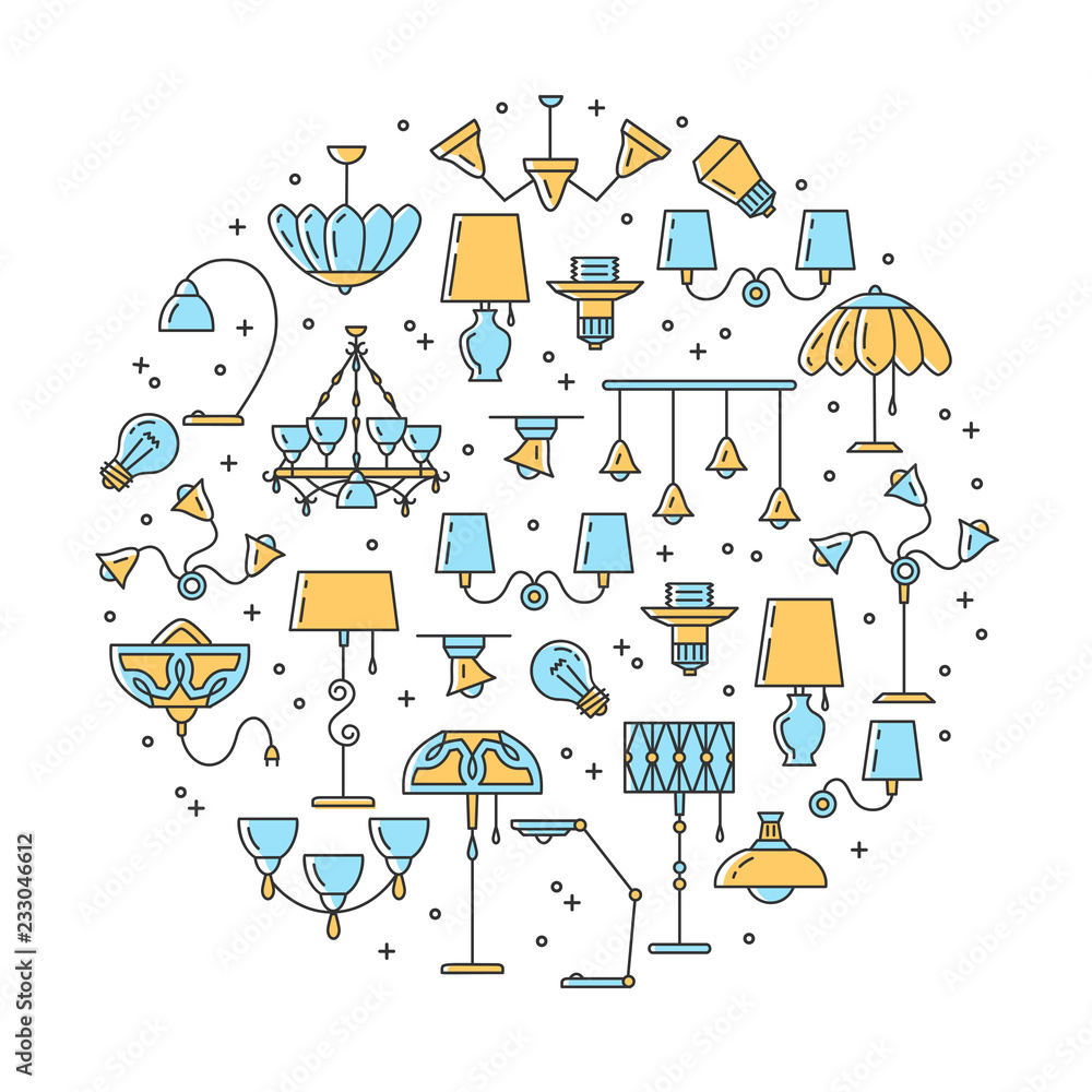 Lighting line icons. Wall lamp, desk lamp, floor lamp, chandelier. Infographics circle composition, Vector flat illustration Lighting line icons. Wall lamp, desk lamp, floor lamp, chandelier. Infographics circle composition, Vector flat illustration