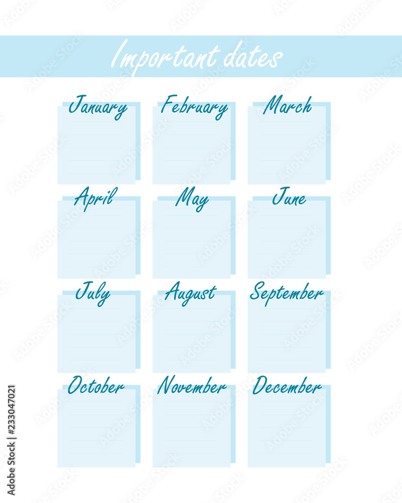 Universal blue stylish calendar of important dates. isolated calendar with birthdays and other events in a minimalist form.