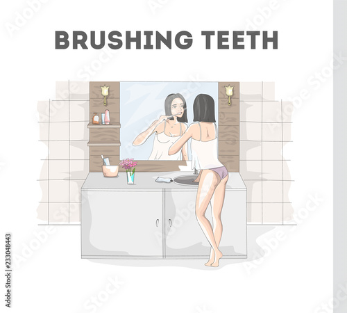 Woman make toothbrush morning routine in the bathroom
