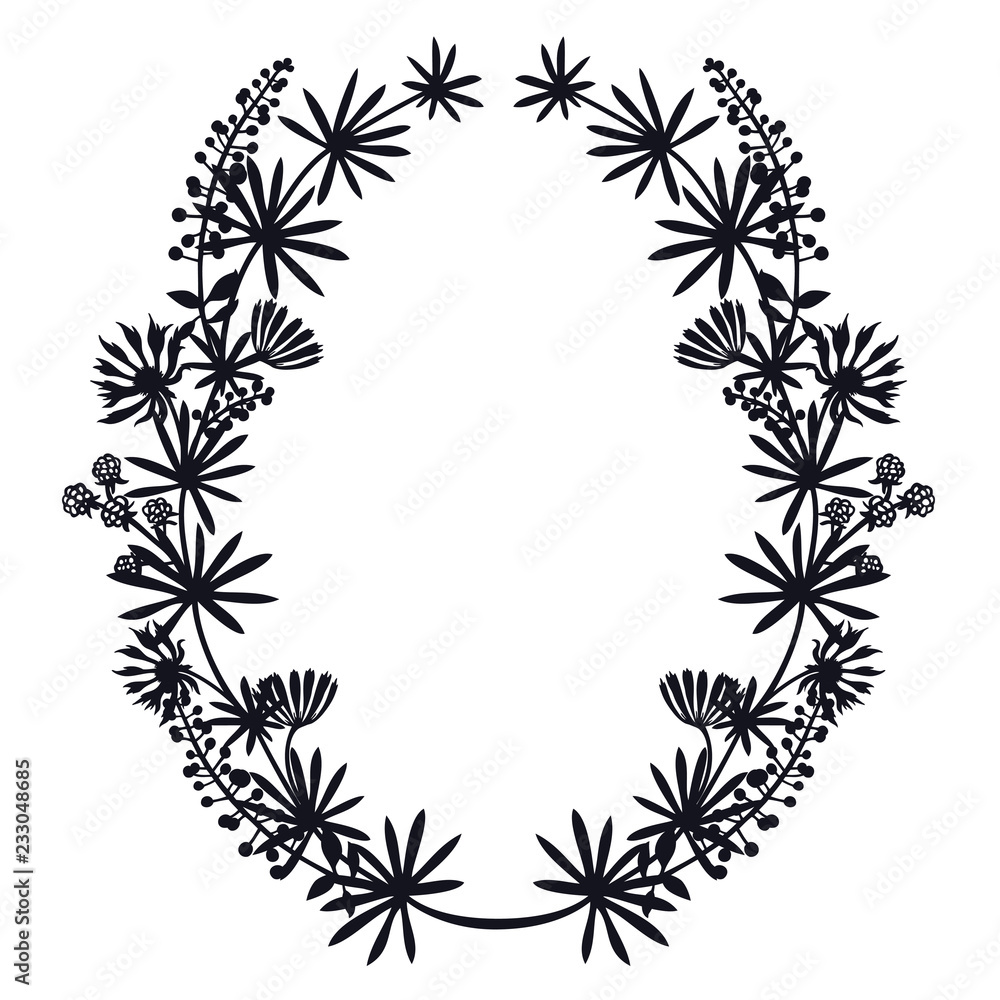 Frame of flowers and herbs Raspberry Black silhouette Frame of flowers and herbs Raspberry Black silhouette
