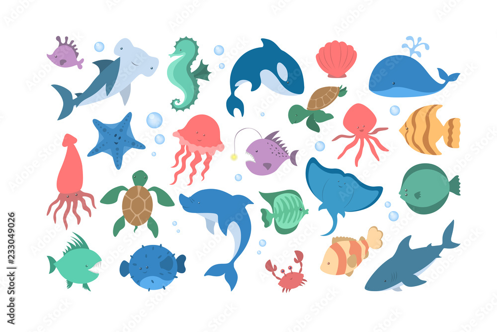 Obraz premium Zestaw zwierząt oceanicznych i morskich. Kolekcja stworzenia wodnego