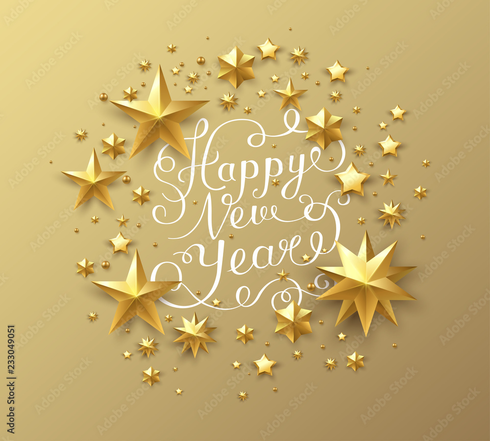 Happy New Year card with golden shiny stars. Happy New Year card with golden shiny stars.
