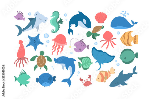 Canvas Print Ocean and sea animal set. Collection of aquatic creature