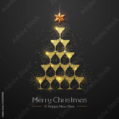 Christmas poster with golden champagne glass. Golden Christmas tree