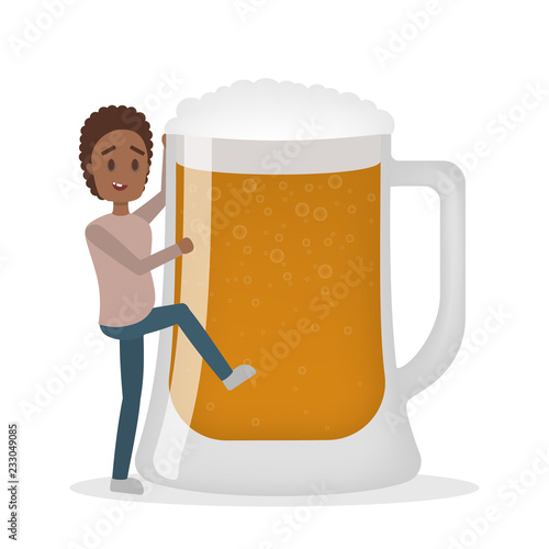 Drunk man with alcohol addiction with big cup of beer