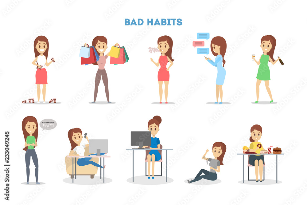 Woman with a bad habit set. Alcohol and coffee addiction Woman with a bad habit set. Alcohol and coffee addiction