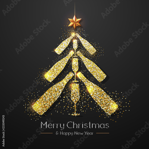 Christmas poster with golden champagne glass and bottle. Golden Christmas tree on black background
