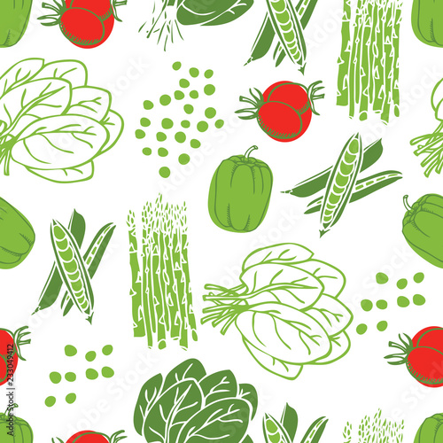 Food Collection Sweet peas, asparagus and spinach Seamless pattern