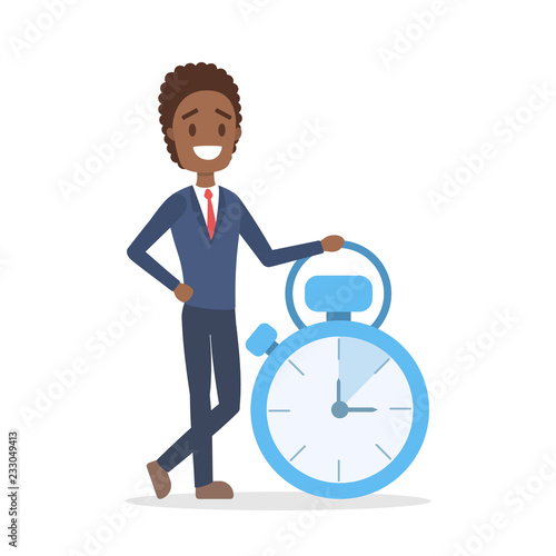 Man standing at the stopwatch clock and smiling.