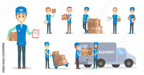 Fast delivery set. Courier in uniform with box
