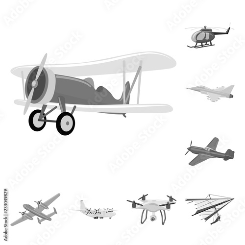 Vector illustration of plane and transport sign. Collection of plane and sky vector icon for stock.