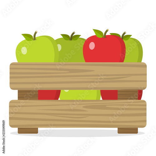 regionale Äpfel in einer Holzkiste Flat Design isoliert auf weißem Hintergrund
