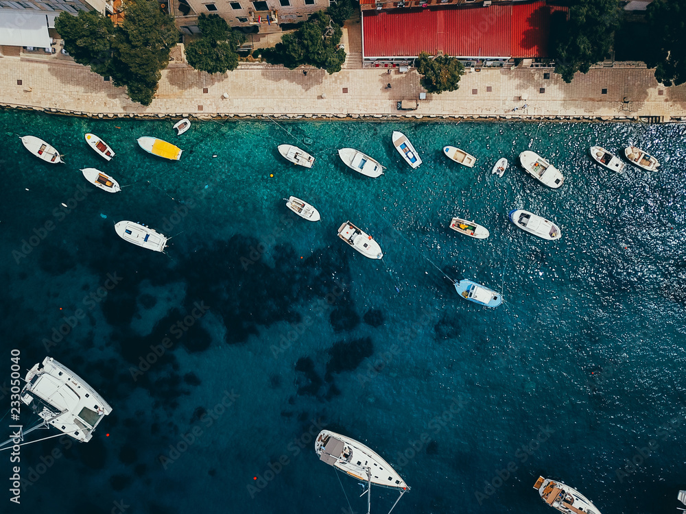 Aerial view photo of picturesque port with sailboats and yachts