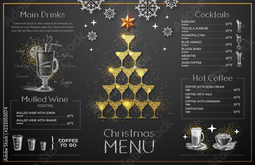 Christmas menu design with golden champagne glasses. Restaurant menu. Pyramid of champagne glasses