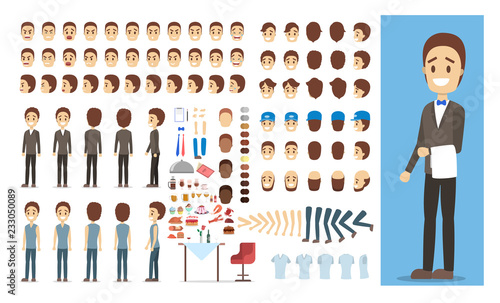 Waiter character in uniform set for animation.