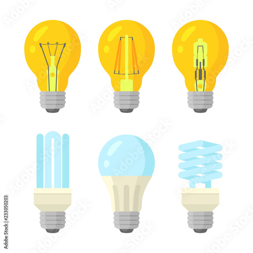 Light bulbs flat style set. Different kinds lamps with cold and warm glow. Isolated vector illustration on white background