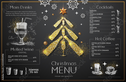 Christmas menu design with golden champagne glasses. Restaurant menu. Pyramid of champagne glasses