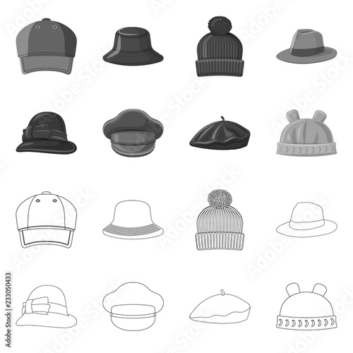 Vector design of headgear and cap sign. Collection of headgear and accessory stock symbol for web.