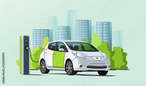 Green and white electric car charging at charging station, cityscape on background, ecological transport, flat style vector illustration
