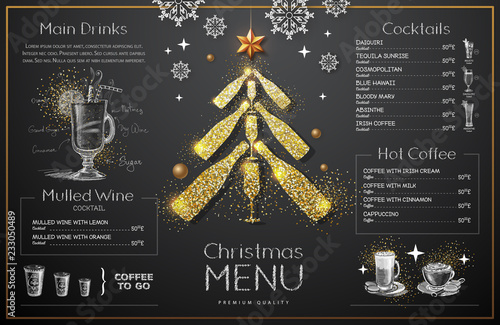 Christmas menu design with golden champagne glasses. Restaurant menu. Pyramid of champagne glasses