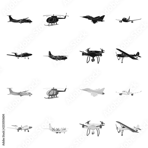 Vector illustration of plane and transport icon. Set of plane and sky vector icon for stock.