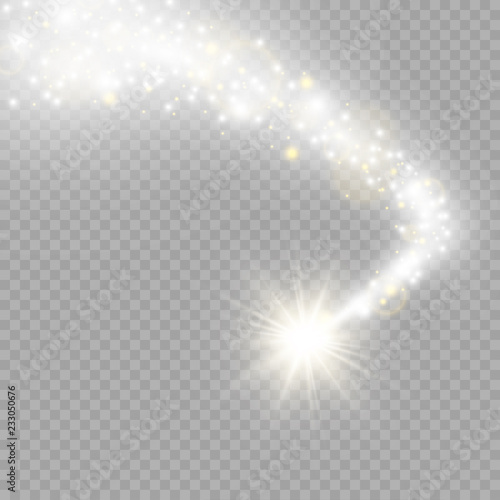 Vector golden sparkling falling star. Stardust trail.