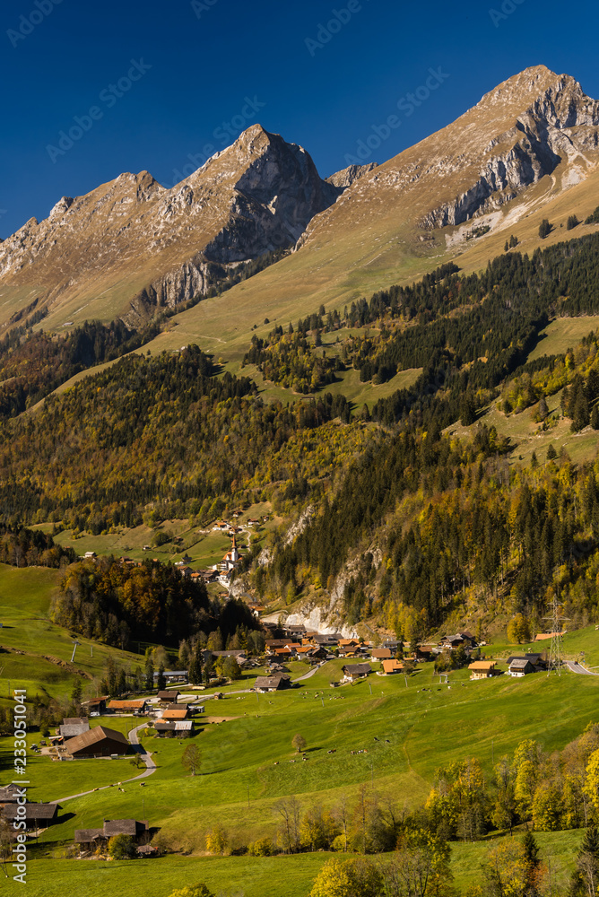 panoramic view Jaun pass in Simmental, Alps, Switzerland