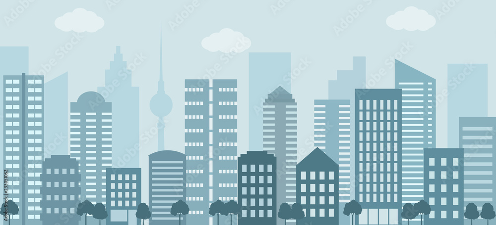 Modern urban landscape. City life illustration with house facades and other urban details. Flat style, vector. 