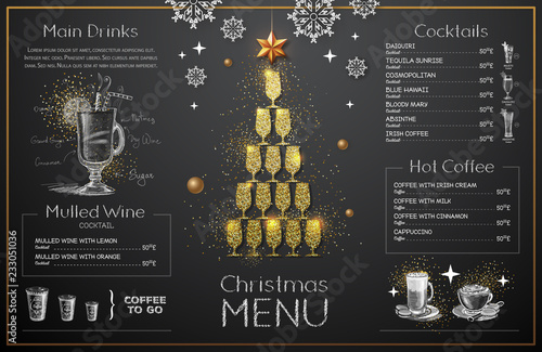 Christmas menu design with golden champagne glasses. Restaurant menu. Pyramid of champagne glasses