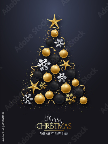 Greeting card with christmas tree. Shiny Christmas-tree decorations, balls, stars and snowflakes on a dark background. Merry Christmas and Happy New Year. Vector illustration.
