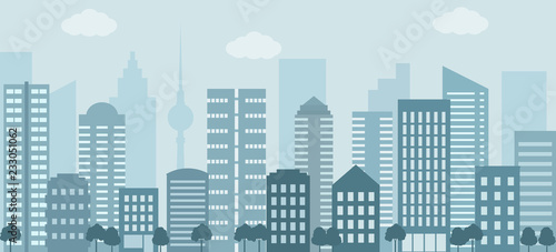 Modern urban landscape. City life illustration with house facades and other urban details. Flat style  vector. 
