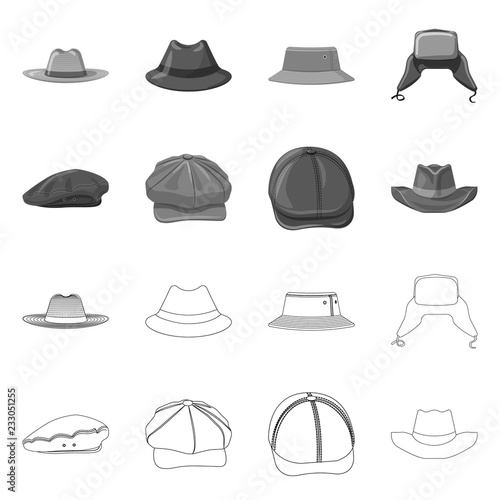 Vector illustration of headgear and cap logo. Collection of headgear and accessory stock vector illustration.