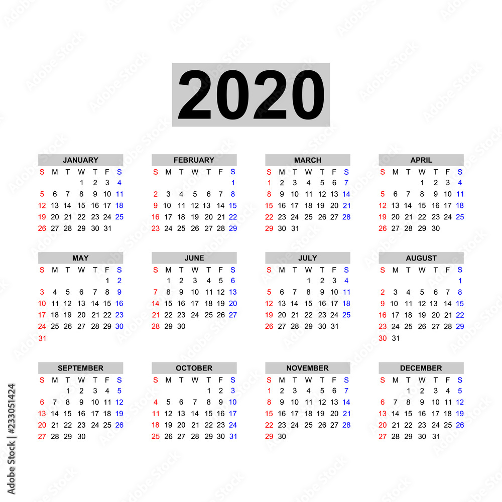 Calendar 2020 template.Holidays in red colors.Week starts Monday. Calendar 2020 template.Holidays in red colors.Week starts Monday.