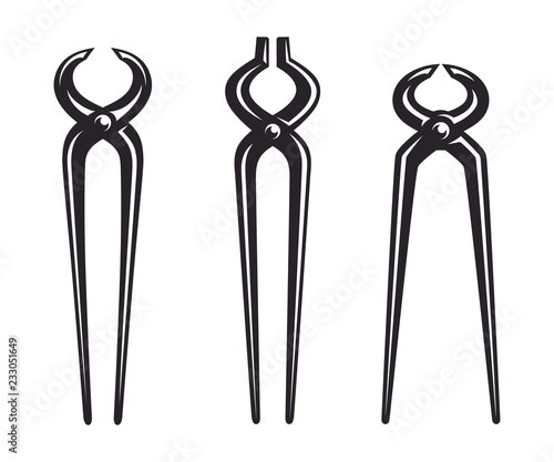 Set vintage pliers, monochrome icon, blacksmith tools. Vector illustration, isolated on white background. Simple shape for design logo, emblem, symbol, sign, badge, label, stamp.