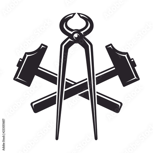 Vintage crossed hammers and pliers, monochrome icon, blacksmith tools. Vector illustration, isolated on white background. Simple shape for design logo, emblem, symbol, sign, badge, label, stamp.