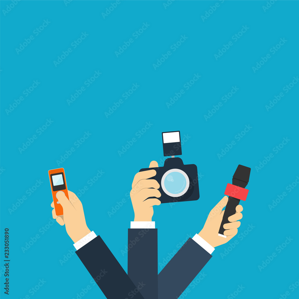 Journalists Hands Holding Camera Microphone And Voice Recorder Stock journalists-hands-holding-camera-microphone-and-voice-recorder-stock