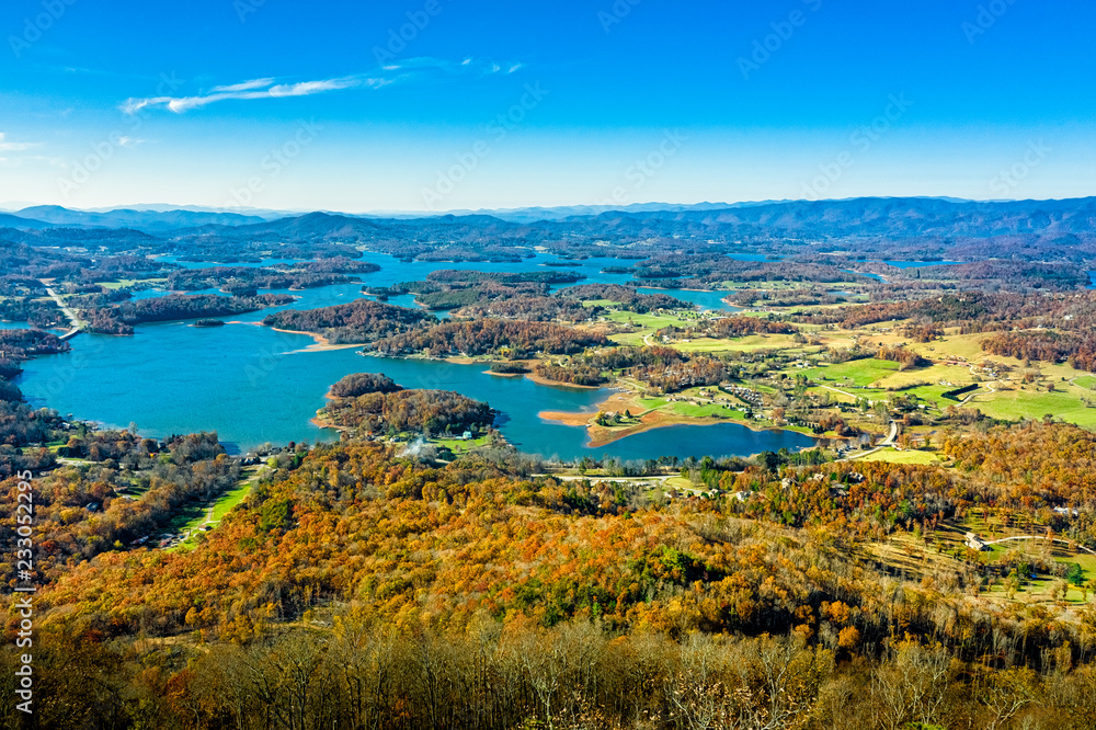 Aerial view picture of Hiawassee in Georgia mountains during the Fall season