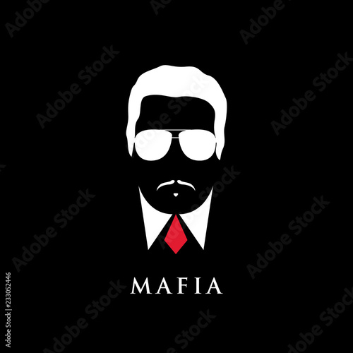 Italian Mafioso portrait. Man with mustache and sunglasses. Black and white illustration.