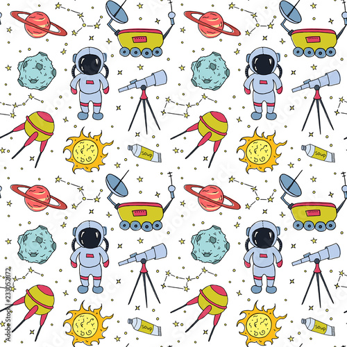 Seamless pattern with hand drawn different space objects.