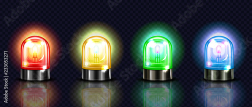 Siren lights vector illustration of red, yellow or green and blue alarm lamps or police and ambulance emergency flashers. Isolated realistic 3D alert beacons set on dark transparent background