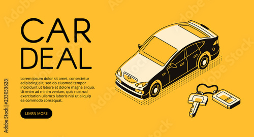Car trade deal vector illustration of automotive sell and buy service agency or dealer company. Automobile and key on keychain isometric black thin line web design on yellow halftone background