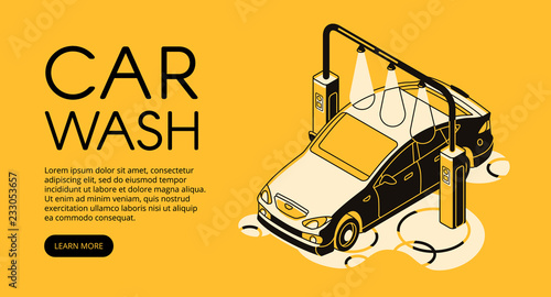 Car wash service vector illustration of automobile auto cleaning station. Automotive isometric black thin line design on yellow halftone background