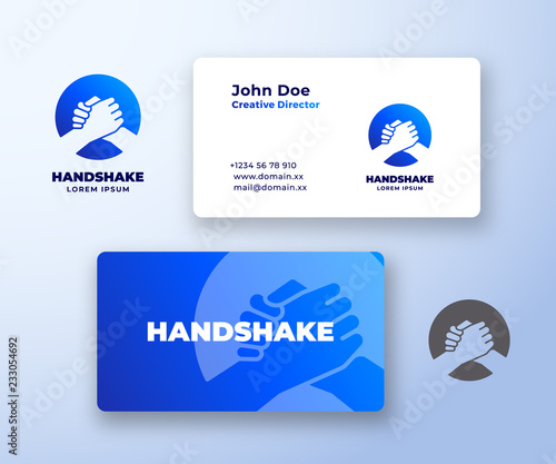Bro Handshake Abstract Vector Logo and Business Card Template. Friends, Partners or Brothers Hand Shake Incorporated in a Circle Concept with Modern Typography. Premium Stationary Realistic Mock Up.
