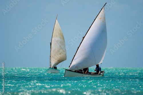 Wooden sail fishing boats - pirogues in Rodrigues