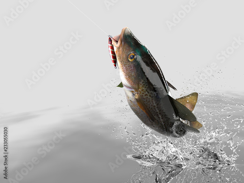 Cathing of cod fish in white background with splashes hooked by slow jigging inchiku bait 3d render photo