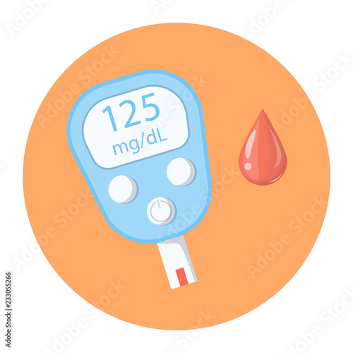 Diabetes concept. Blood drop and glucometer for sugar