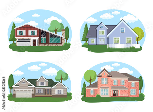 Vector Buildings Set. Flat Design Houses Isolated on White Background. cartoon house exterior with blue clouded sky Front Home Architecture Concept Flat Design Style.