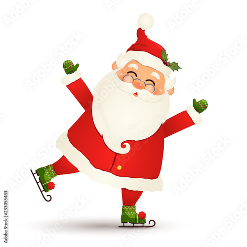 Christmas Cute, Cheerful, funny Santa Claus ice skating and greeting isolated on white background. Santa clause for winter and new year holidays. Happy Santa Claus skates cartoon character.